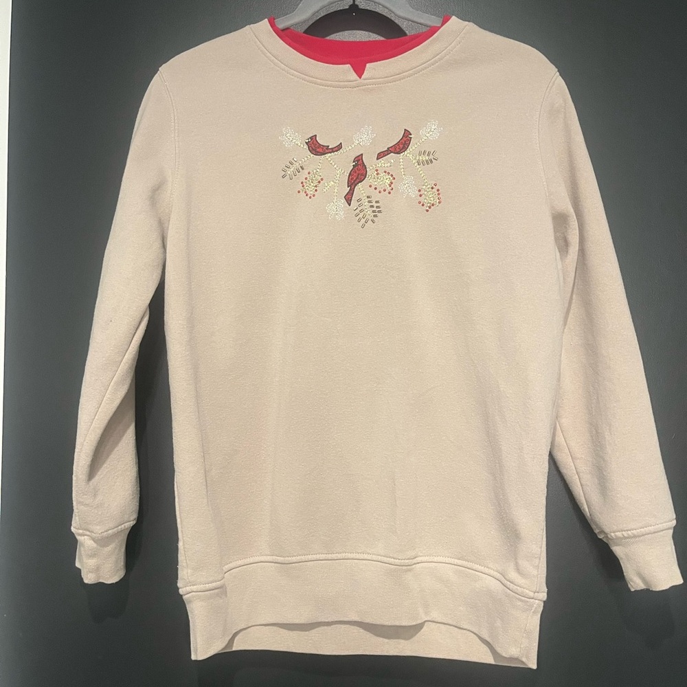 Vintage Holiday Sweatshirt with Embroidered Cardinals and beading size small